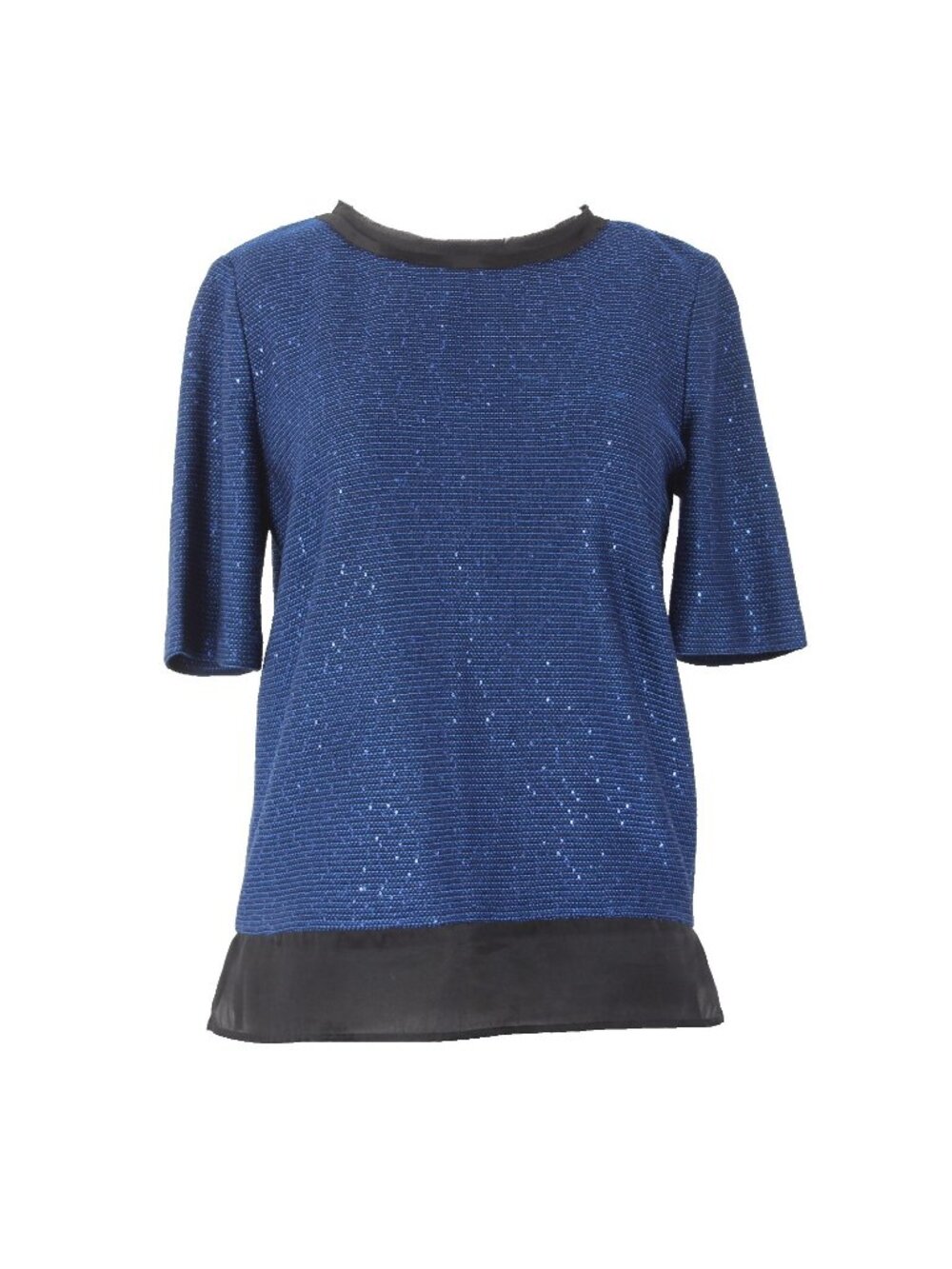 St John Top Sz P Navy Blue Metallic Black Satin Rayon Wool Polyester Top
